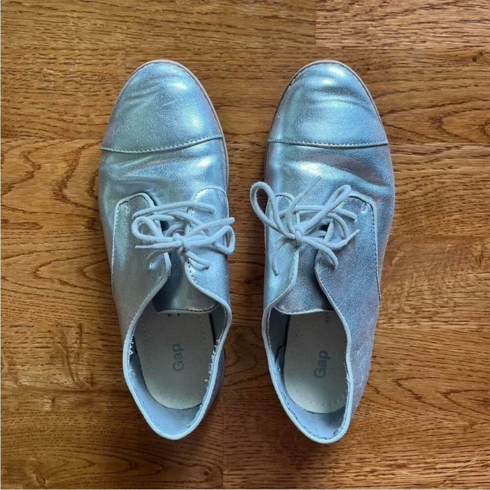 GAP silver oxford shoe flats lace up faux leather girl y4 tap cap toe dress jazz